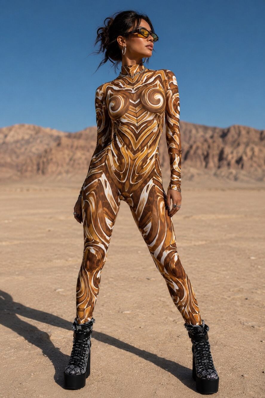 Candy Catz Mecha Vortex Gold Mesh Catsuit Bodysuit Y2K Cyber Rave S